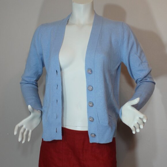 Allude Light blue v-neck button up long sleeves ribbed hem and cuffs size Small - Picture 3 of 9